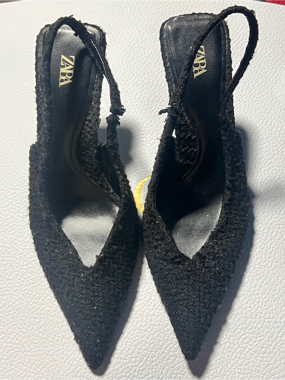 Zara Black Knit Slingback Heels with Gold Sculpted Heel